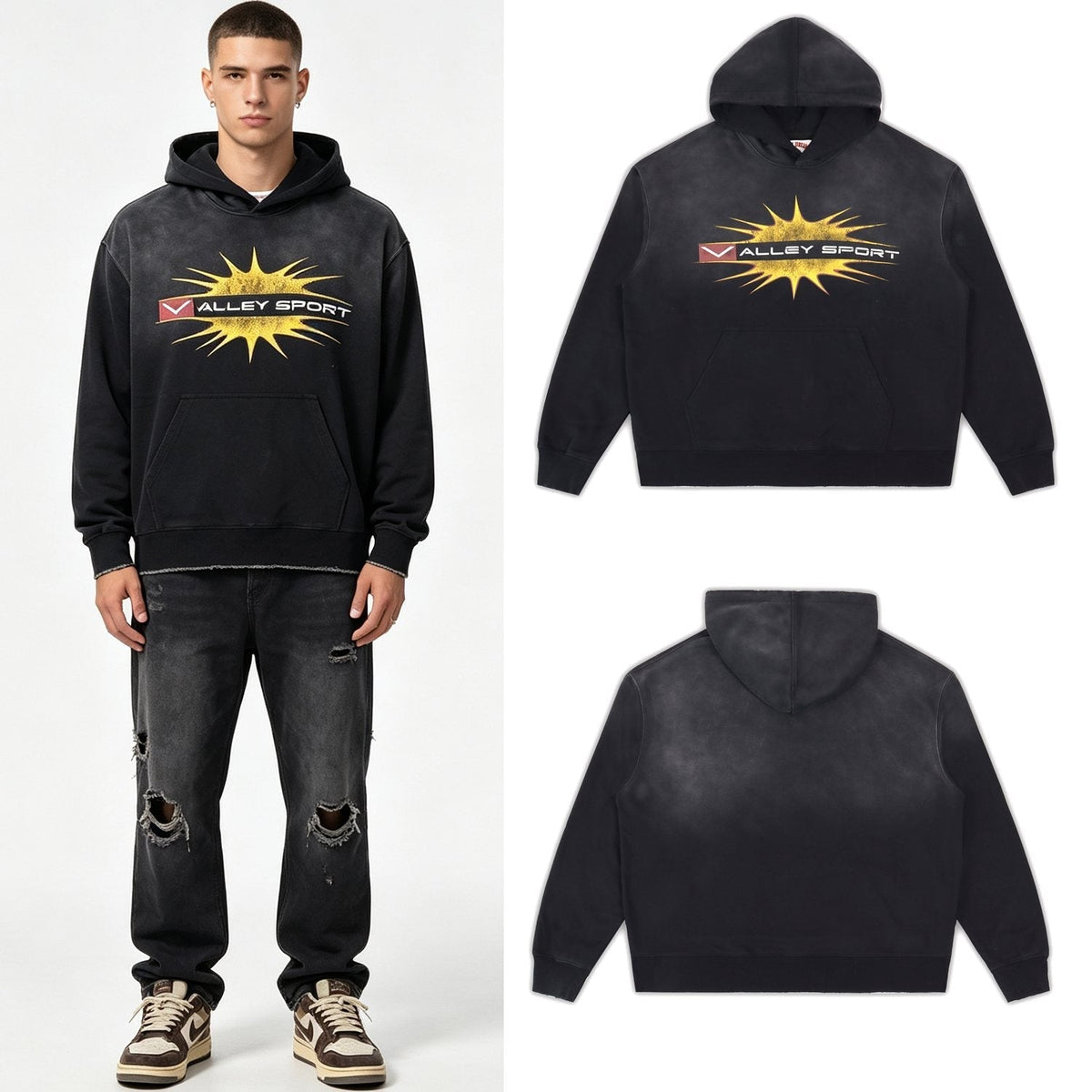 Valley Dreams Starburst Graphic Washed Black Hoodie — context