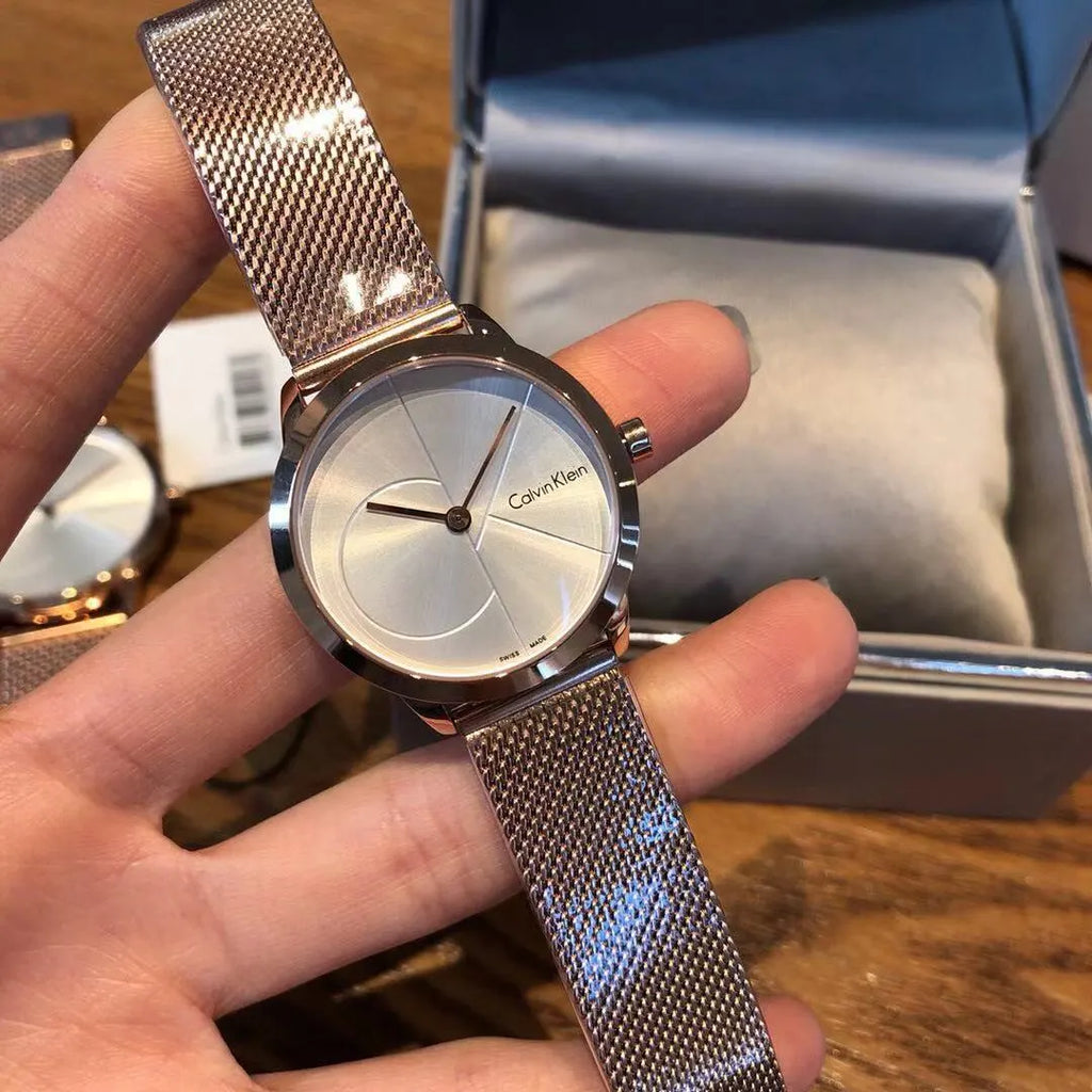 minimalist Calvin Klein Rose Gold Mesh Watch - Hình 3