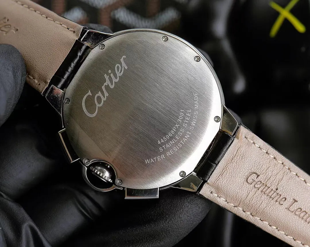 Cartier Ballon Bleu Silver Dial Black Leather Watch - Hình 5