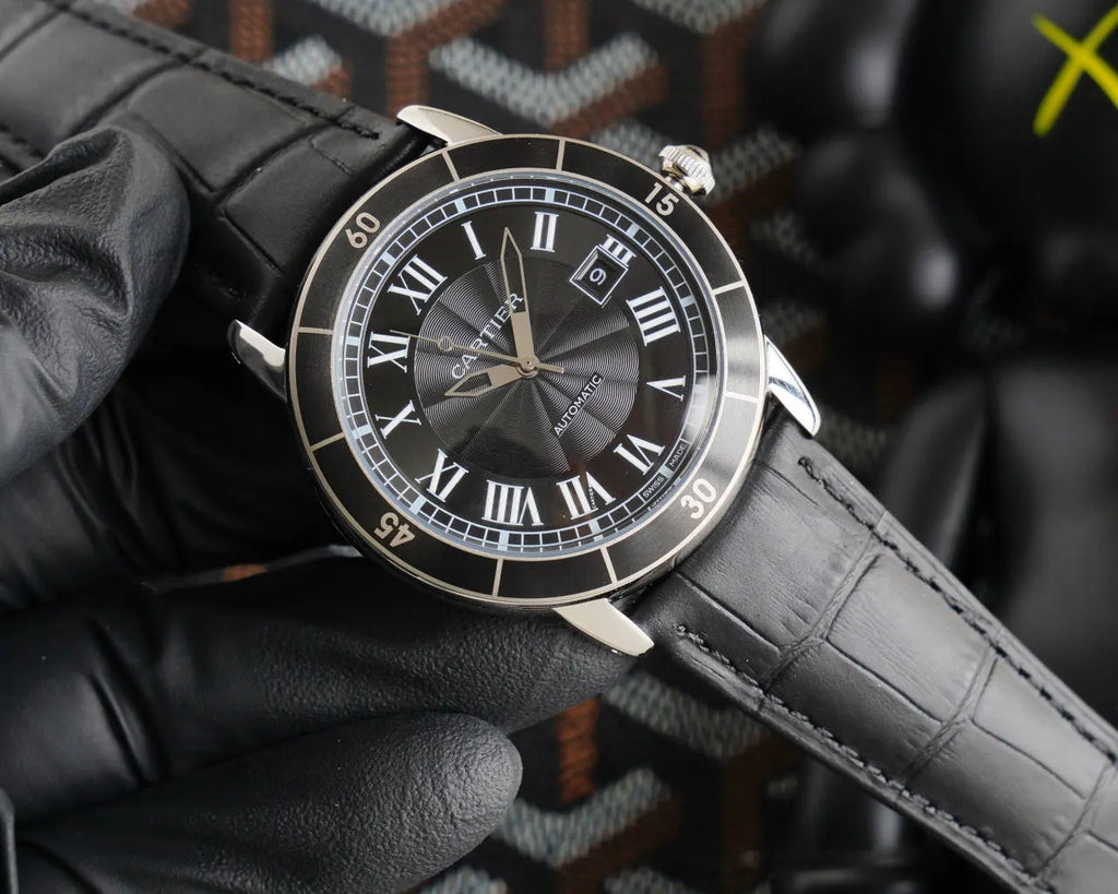 Cartier Black Dial Leather Watch