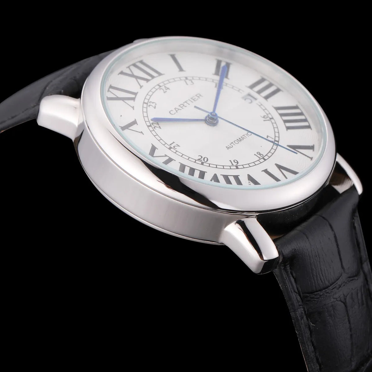 Cartier Silver Case Black Leather