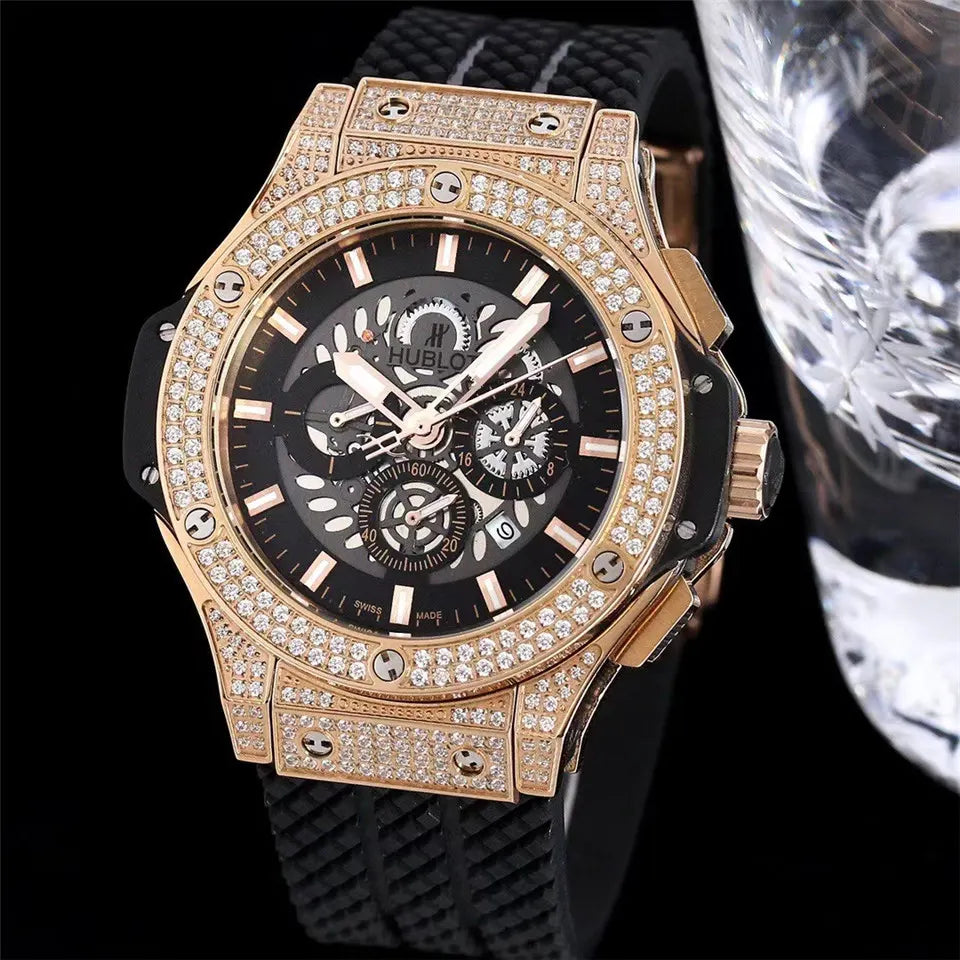 black Hublot Rose Gold Diamond Watch - Hình 4