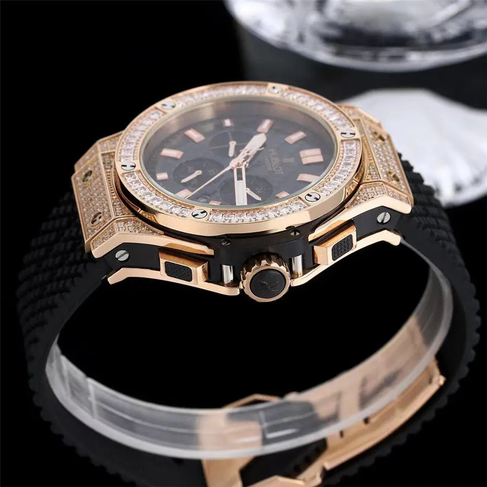 black Hublot Rose Gold Diamond Watch - Hình 3