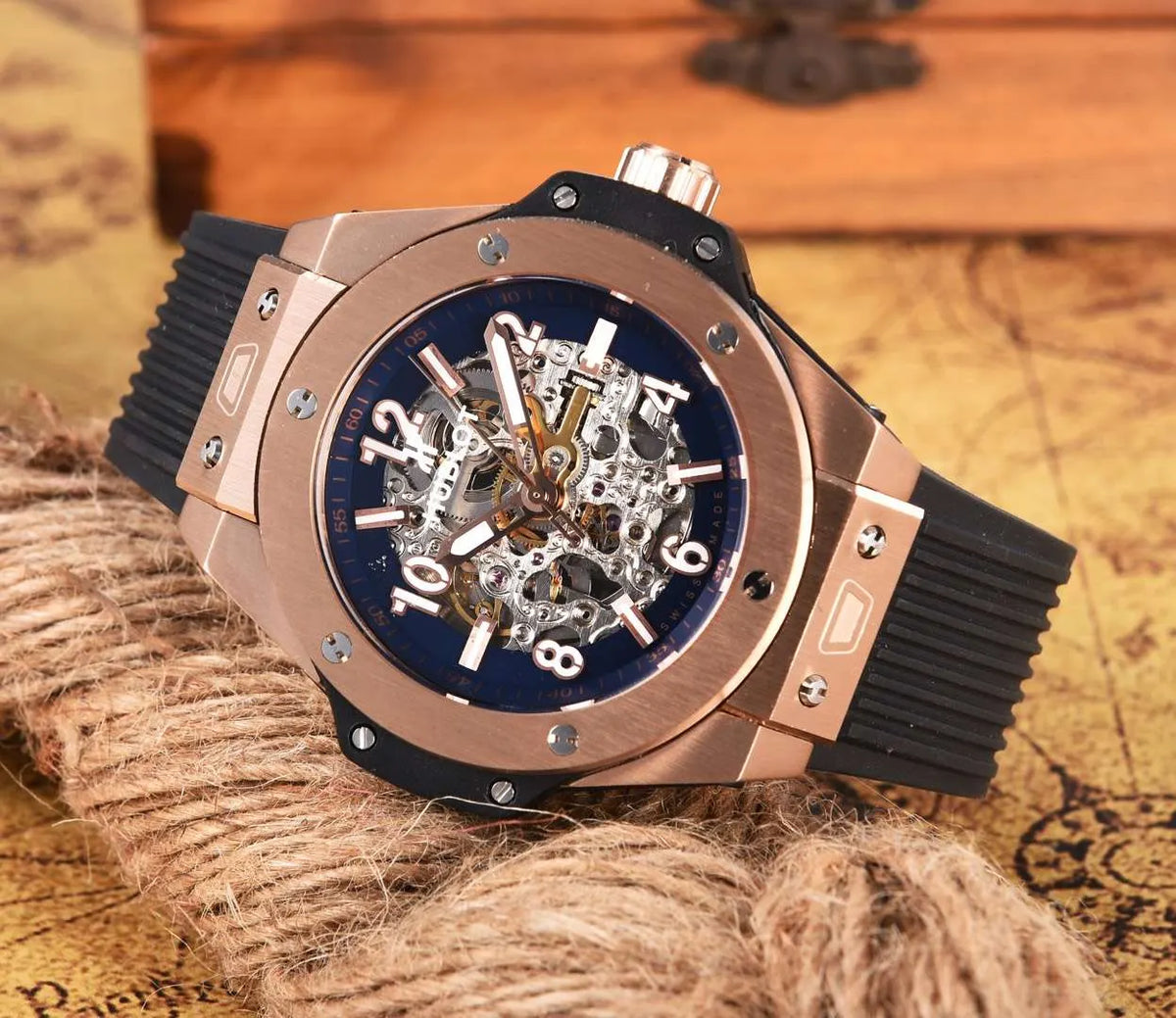 black Hublot Rose Gold Skeleton