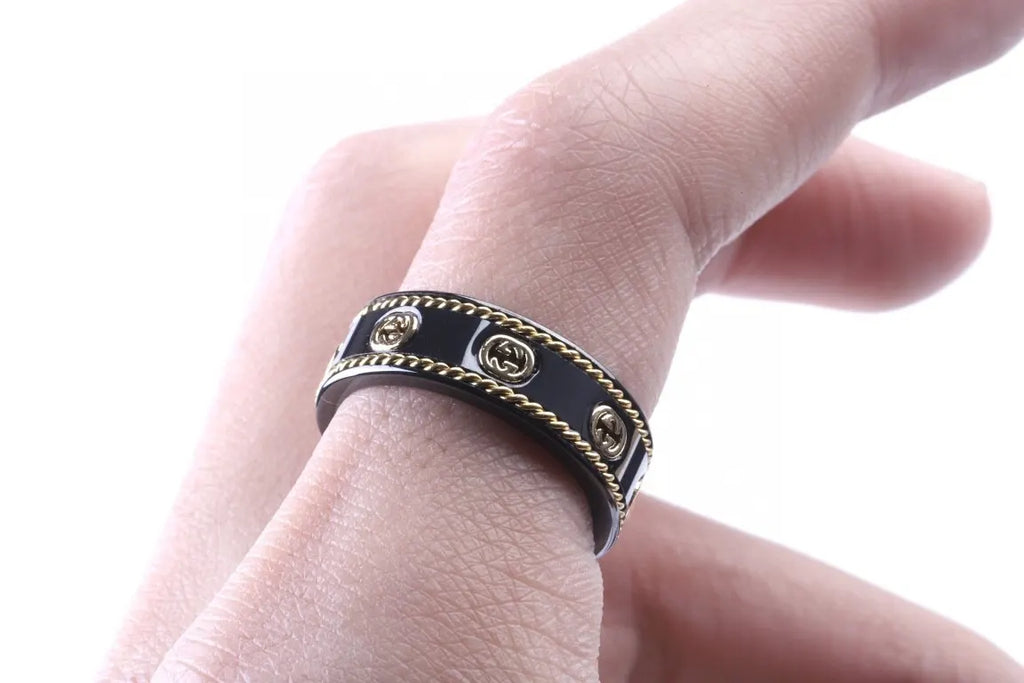 gold Gucci Black Ceramic Ring - Hình 2