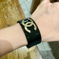 Designer Inspired Black Bangle Bracelet with Gold Logo