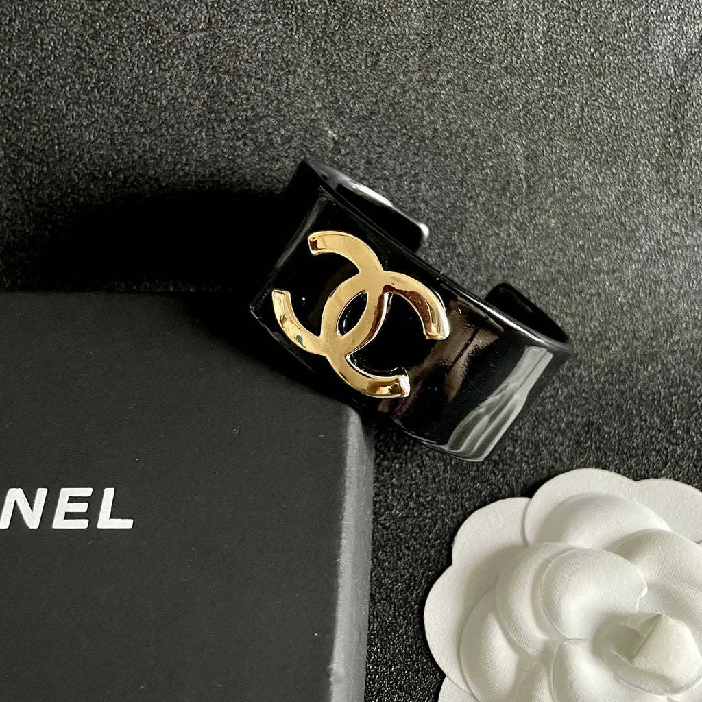 Designer Inspired Black Bangle Bracelet with Gold Logo - Hình 10