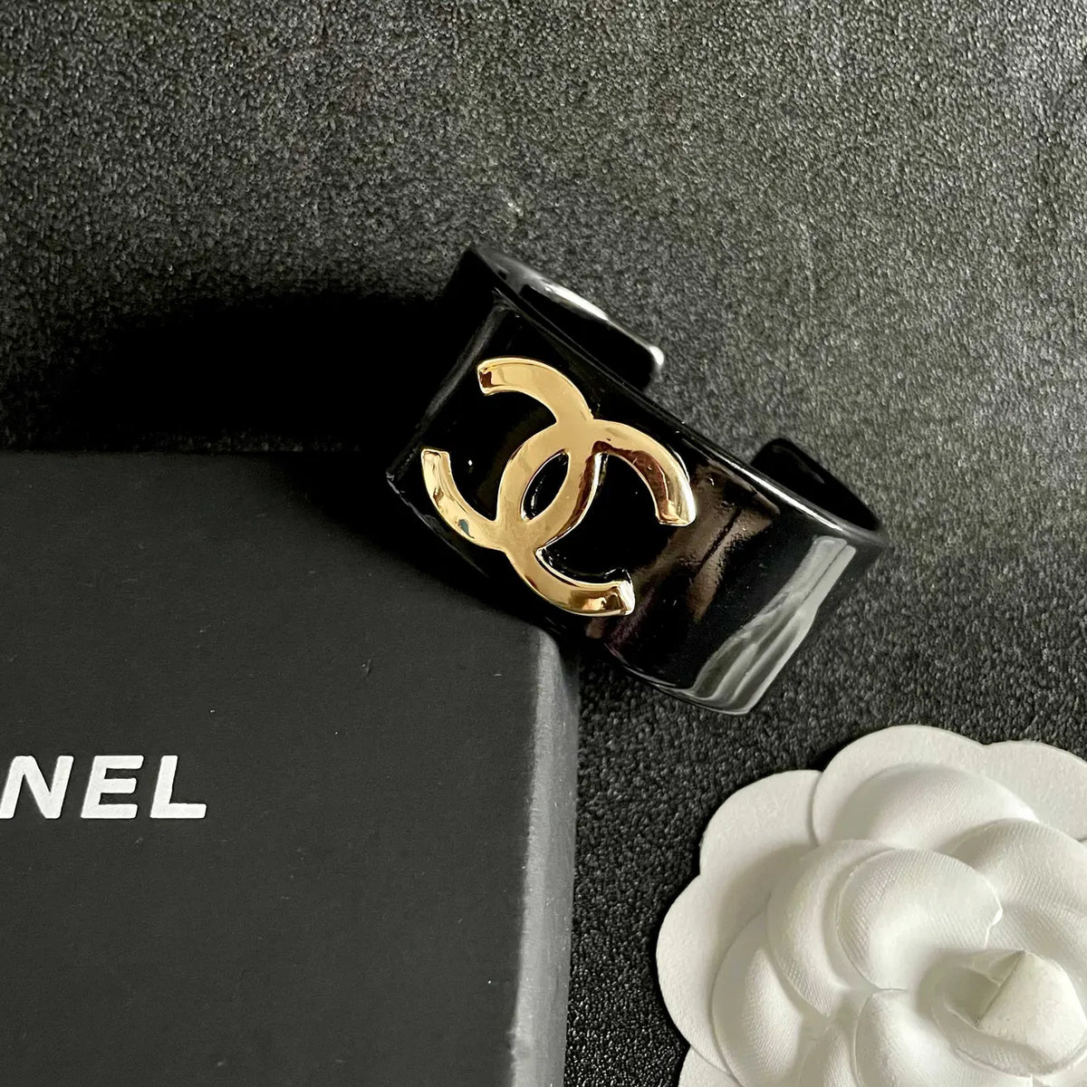 Designer Inspired Black Bangle Bracelet with Gold Logo - Hình 10