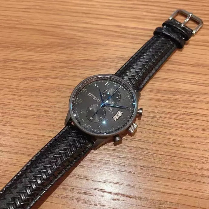 leather IWC Pilot Chronograph Black Dial - Hình 7