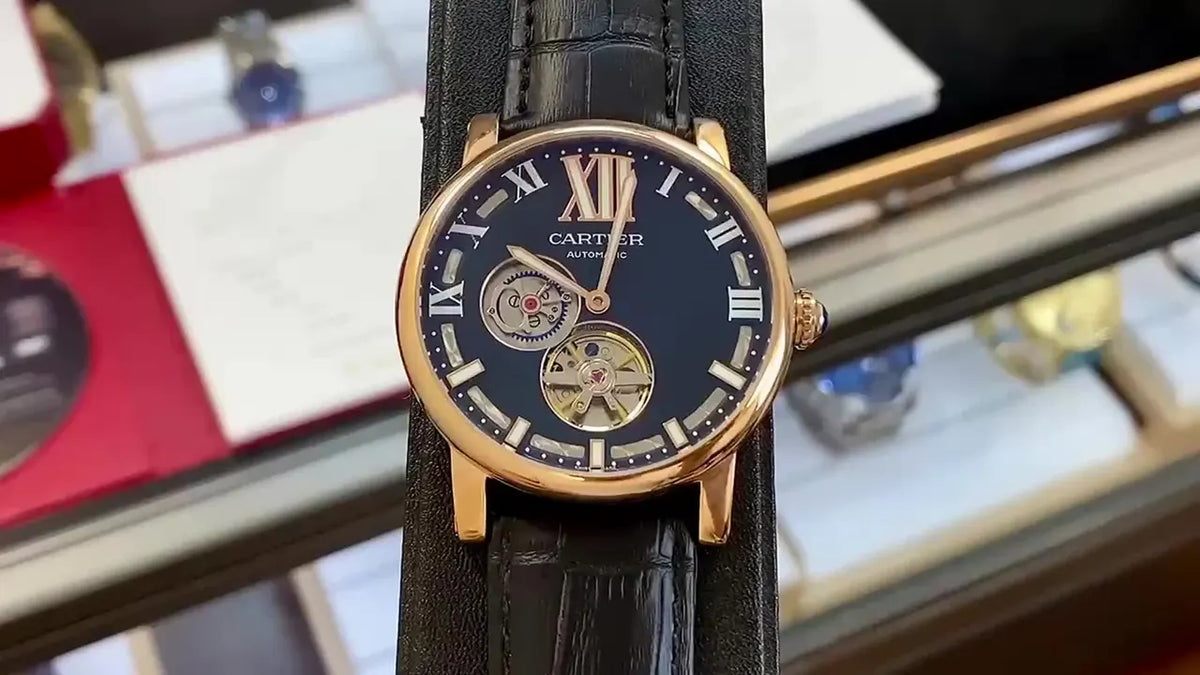leather Cartier Black Dial Rose Gold