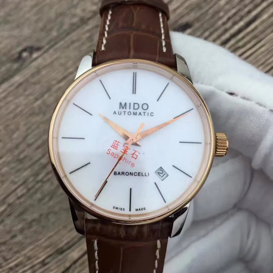 Mido Baroncelli White Dial Brown Leather